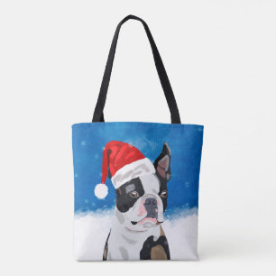 Tote Bag Boston Terrier Chien dans neige Noël Joyeux vacanc