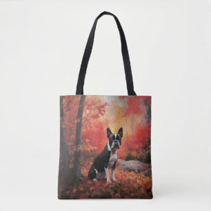 Tote Bag Boston Terrier dans les feuilles d'automne qui tom