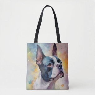 Tote Bag Boston Terrier Digital Watercolor Portrait Chien 1