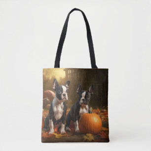 Tote Bag Boston Terrier Puppy Automne Citrouille de plaisir