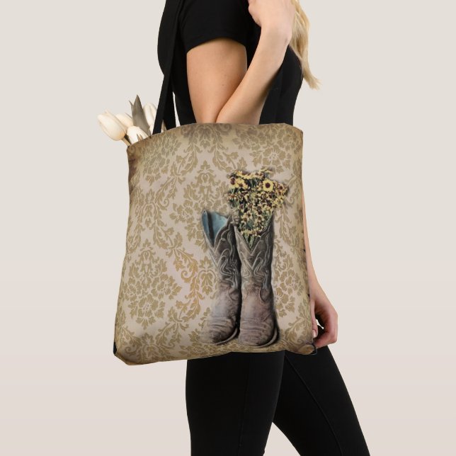 Tote Bag botte de cowboy rustique damassé de l'ouest du pay (De près)
