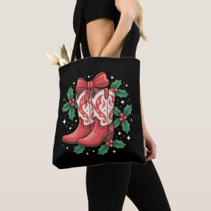 Tote Bag Bottes de cowboy de Noël Holly Bow Western Country
