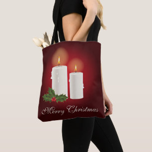 Tote Bag Bougies De Noël Blanches Sur Rouge Avec Texte Pers