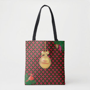 Tote Bag Boule de Noël, oiseau, pommes de pin sur fond noir