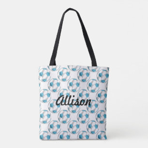Tote Bag Boules de soccer bleu et blanc turquoise avec nom