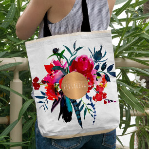 Tote Bag Bouquet de boho rouge en cuivre monogramme tendanc