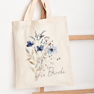 Tote Bag Bouquet de fleurs bleues élégant monogrammé