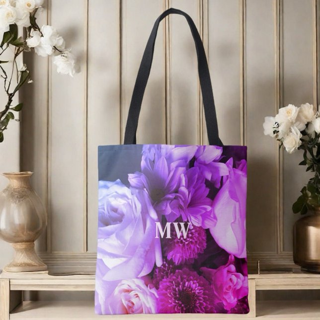Tote Bag Bouquet de fleurs monogramme rose violet bleu phot (Créateur téléchargé)