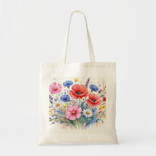 Tote Bag Bouquet de prairie de fleurs sauvages à l'aquarell