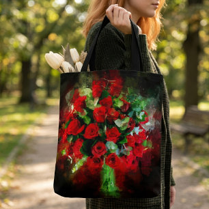 Tote Bag Bouquet de roses rouges aquarelle sur fond noir