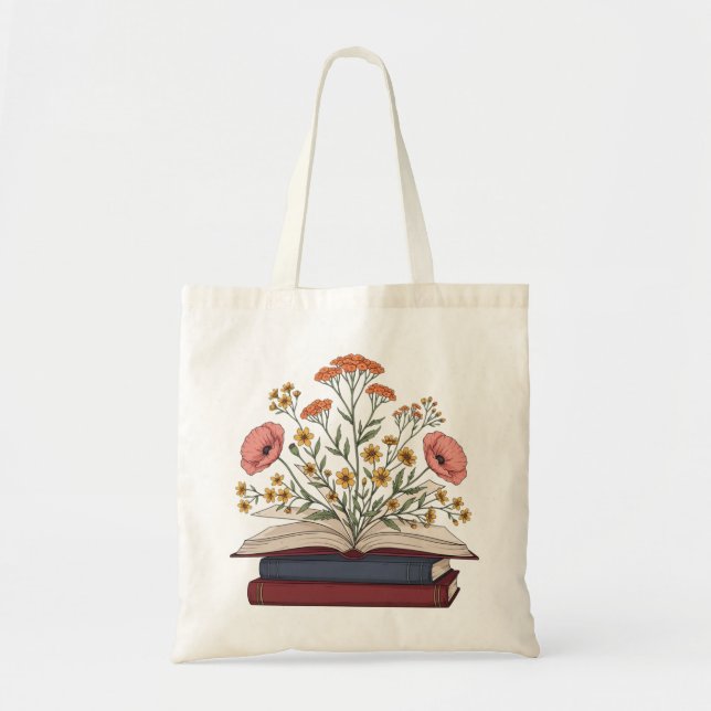 Tote Bag Bouquet floral audacieux jaillissant de livres ouv (Devant)
