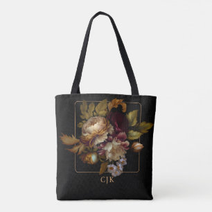 Tote Bag Bouquet floral foncé du Vieux-Monde avec Monogramm