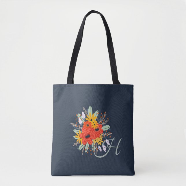 Tote Bag Bouquet floral moderne Monogramme bleu (Devant)