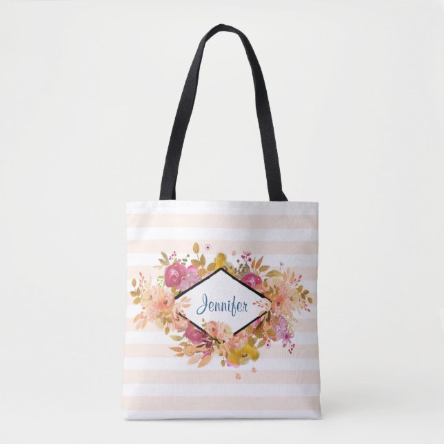 Tote Bag Bouquet floral orange et rose avec cadre diamant (Devant)