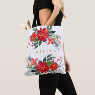 Tote Bag Bouquets d'aquarelle florale de Poinsettia rouge N