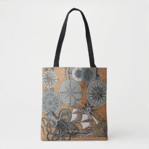 Tote Bag Boussole Rose Vintage Nautique Octopus Ship
