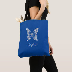 Tote Bag Bouton Diamant Blanc, Nom du script, Bleu Profond