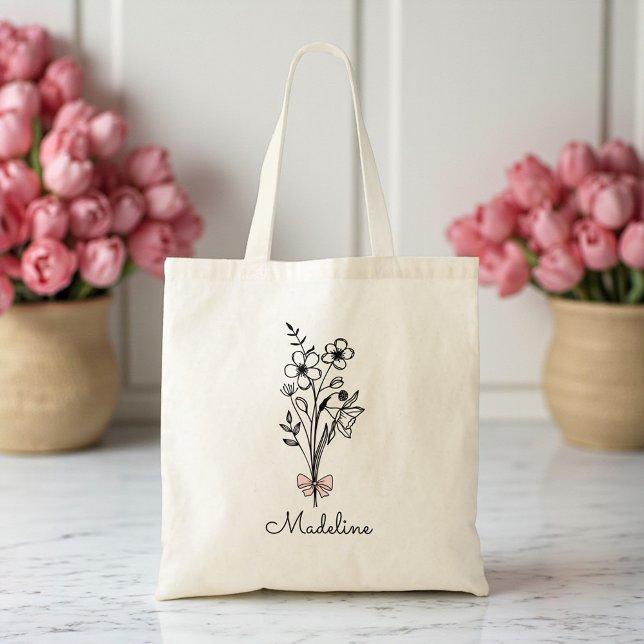 Tote Bag Bow rose Floral Personnalisé Pour Bridesmaid (Créateur téléchargé)