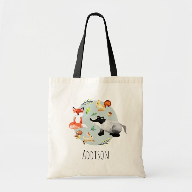 Tote Bag Boys Cute Wildlife Forest Animaux Fox & Name Enfan (Devant)