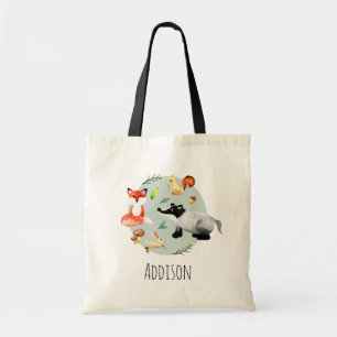Tote Bag Boys Cute Wildlife Forest Animaux Fox & Name Kids