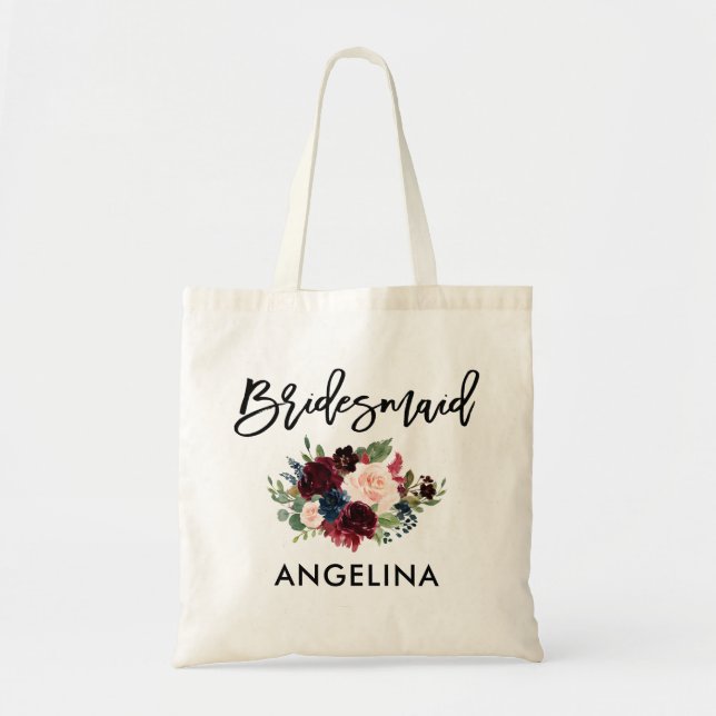 Tote Bag Bracelet Script Bourgogne Bleu Floral (Devant)