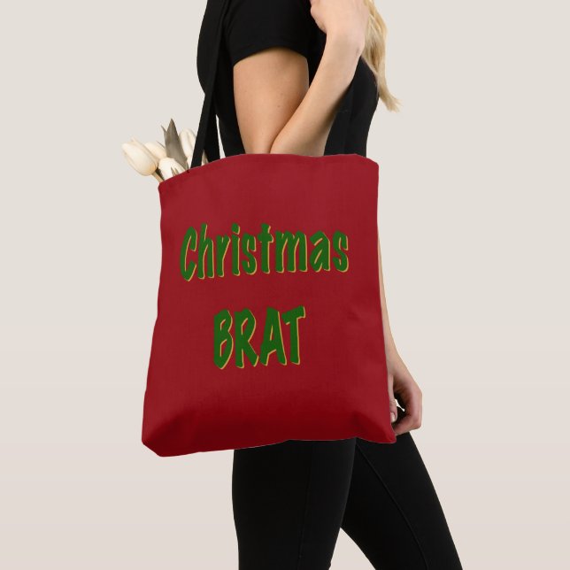 Tote Bag Brai d'or vert de la forêt de Noël sur Crimson rou (De près)