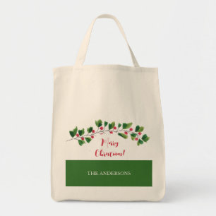 Tote Bag Branche de baie à l'aquarelle rouge et verte perso