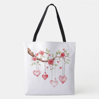 Tote Bag Branche de roses roses à l'aquarelle avec coeurs s