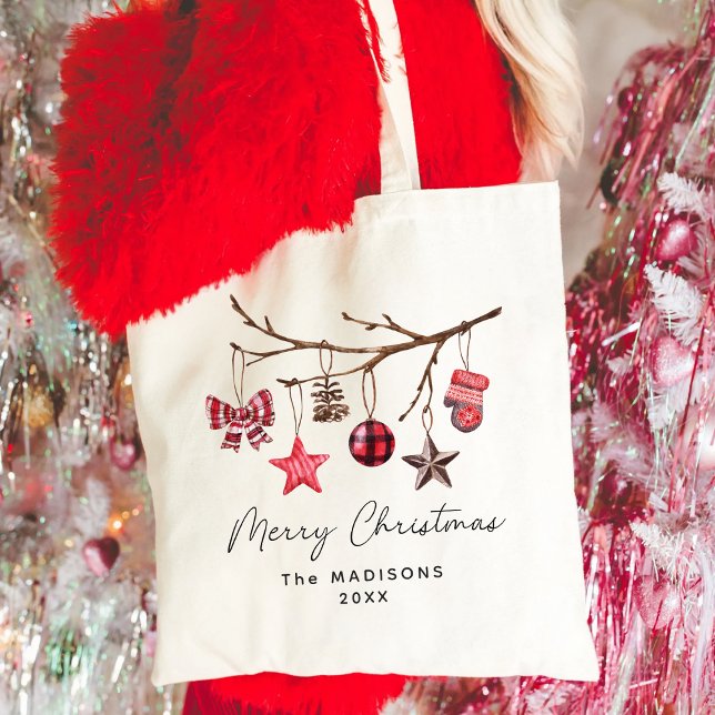 Tote Bag Branche Rustique Joyeux Noël Ornements (Créateur téléchargé)