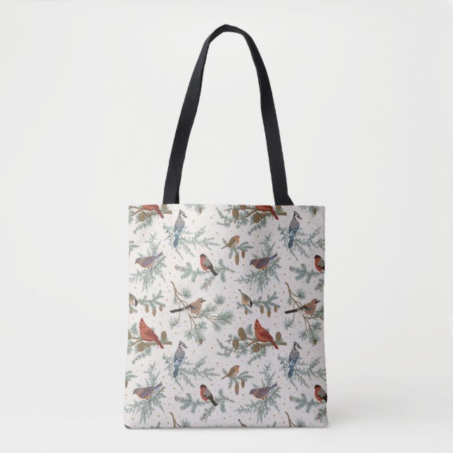 Tote Bag Branches d'oiseaux et de pins d'hiver Motif (Devant)