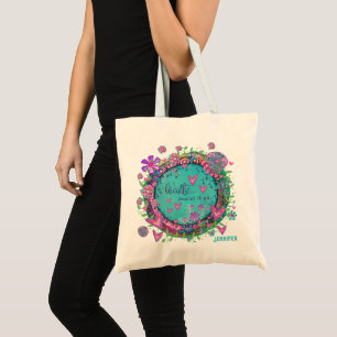 Tote Bag Breathe Quote Floral Personnalisé Nom Fun Inspiriv