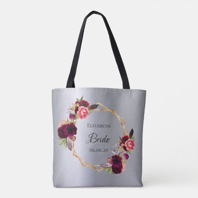 Tote Bag Bride argent bordeaux fleurs élégantes (Dos)