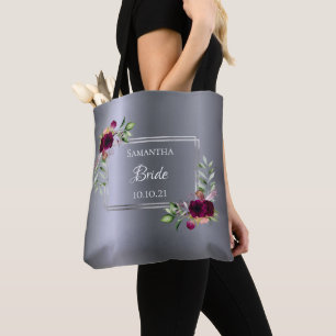 Tote Bag Bride argent bordeaux fleurs mariage
