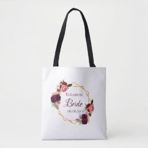 Tote Bag Bride blanc fleuri or géométrique nom du mariage