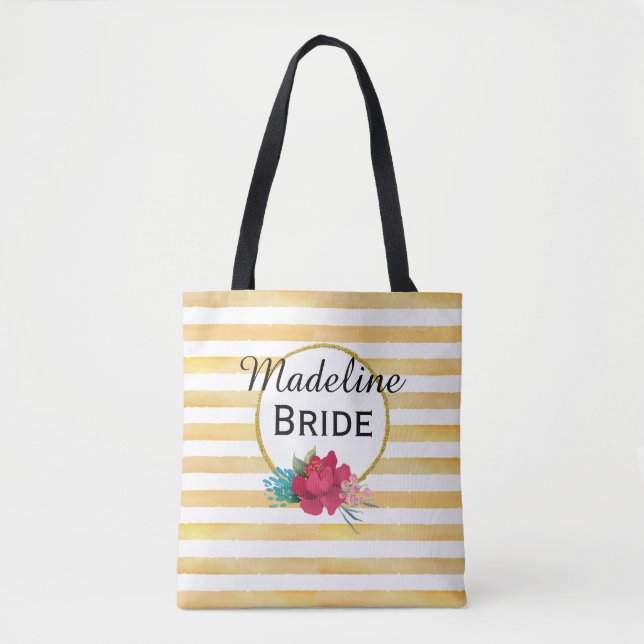 Tote Bag BRIDE FLORAL & GOLD STRIPE personnalisée (Devant)