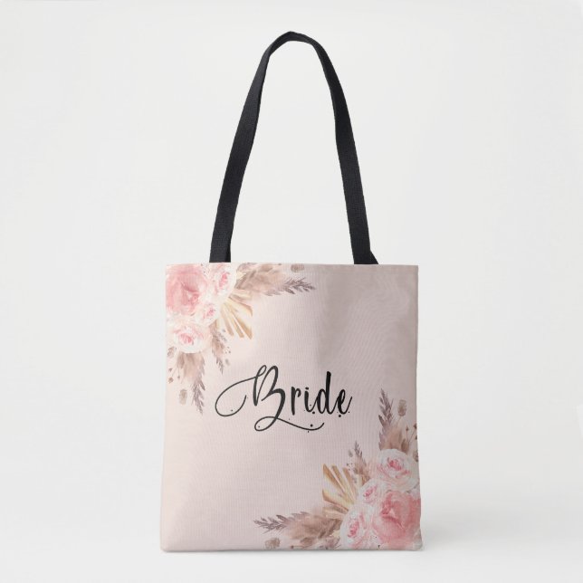 Tote Bag Bride pampas herbe brush rose or script floral (Devant)