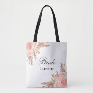 Tote Bag Bride pampas herbe rose or fleuri blanc nom