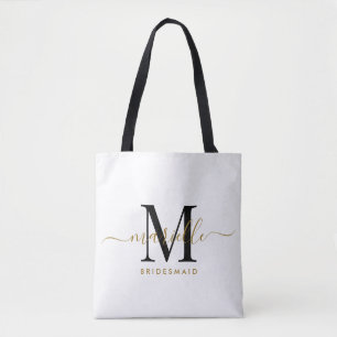 Tote Bag Bridesmaid Cadeau Or Noir Monogramme Blanc
