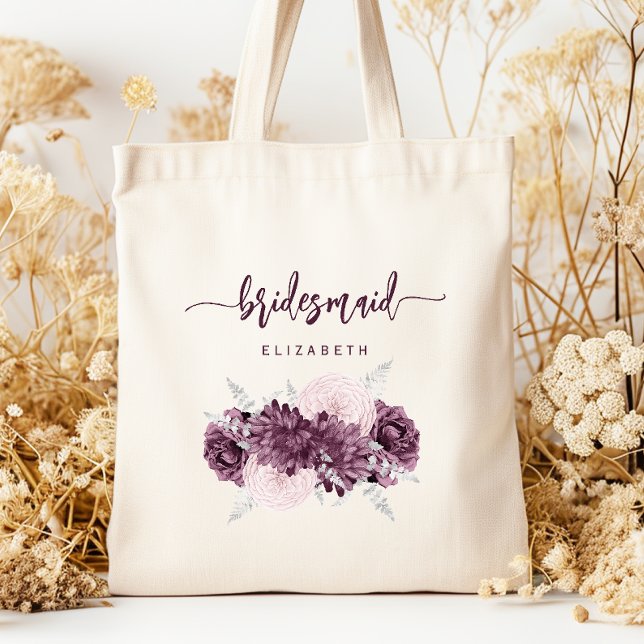 Tote Bag Bridesmaid Floral Mauve Purple Blush Script (Créateur téléchargé)