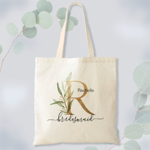 Tote Bag Bridesmaid Gold Leaf Green Foliage Monogramme "R"