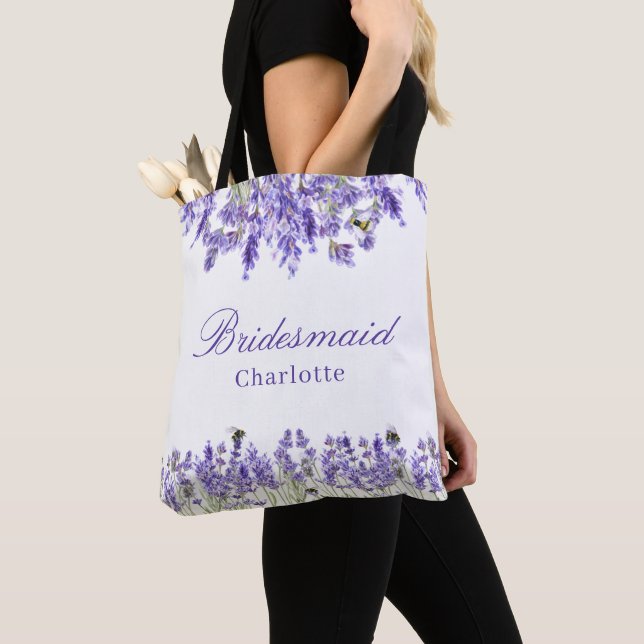 Tote Bag Bridesmaid lavender fleurs violet nom script (De près)