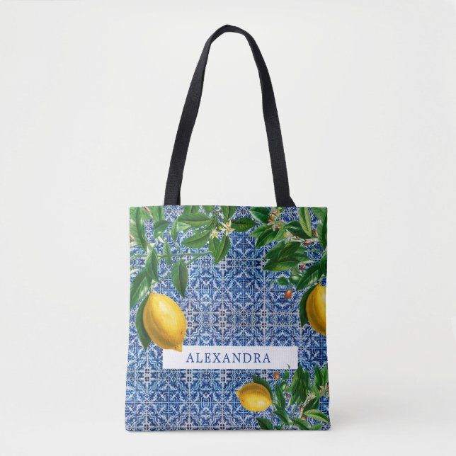 Tote Bag Bridesmaid Lemons Blue Carreaux personnels (Devant)