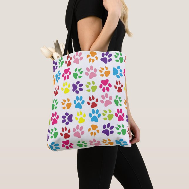 Tote Bag Bright Colorful Paw Prints Pattern (De près)