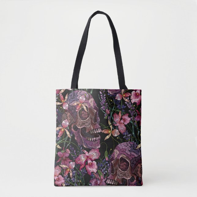 Tote Bag Broderie crâne humain et fleurs d'orchidées roses  (Devant)