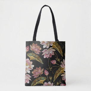 Tote Bag Broderie Lotus Fleurs Motif sans couture