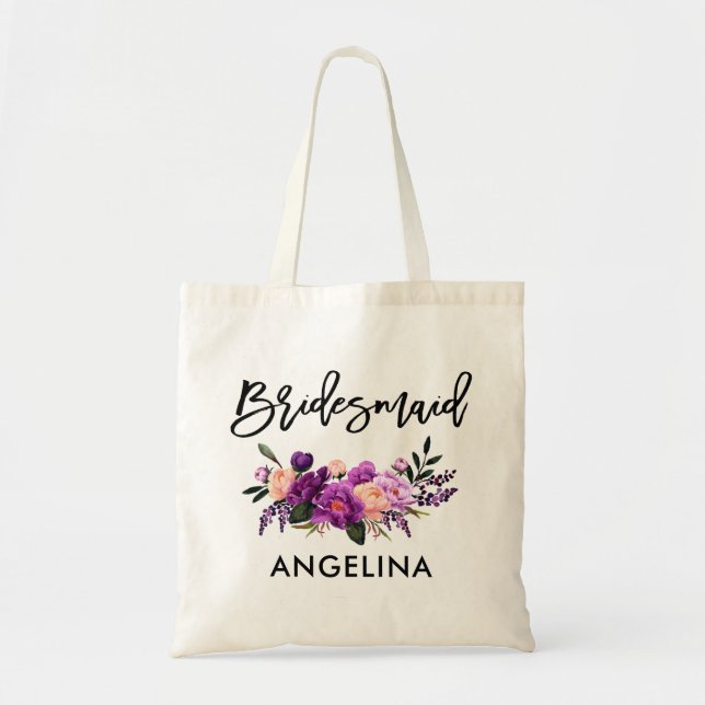 Tote Bag Brosse moderne Script violet Floral Bridesmaid (Devant)