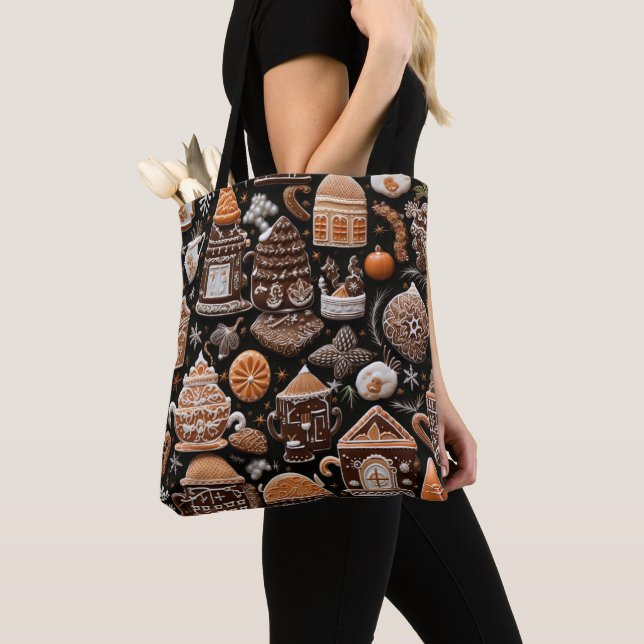 TOTE BAG BROWN TAN ORANGE NOËL GINGERBREAD COOKIES (De près)