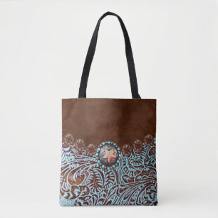 Tote Bag brun turquoise western pays à outils cuir