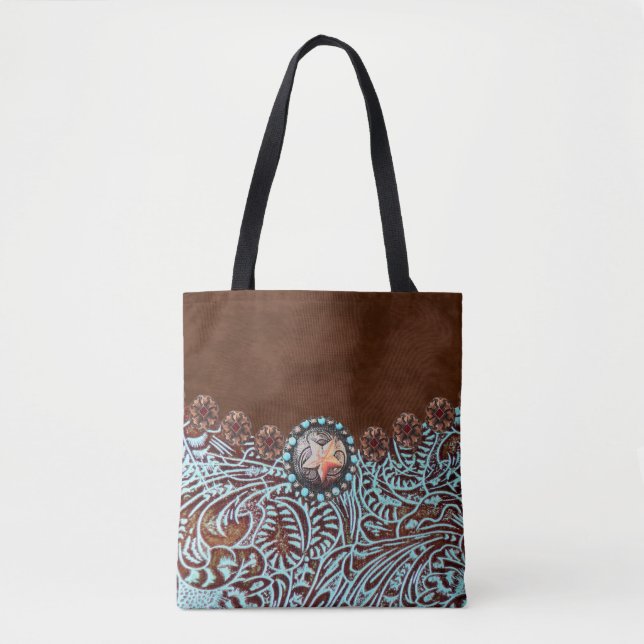 Tote Bag brun turquoise western pays à outils cuir (Devant)
