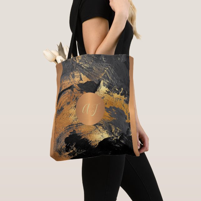 Tote Bag Brush art moderne traits gris or monogrammed (De près)